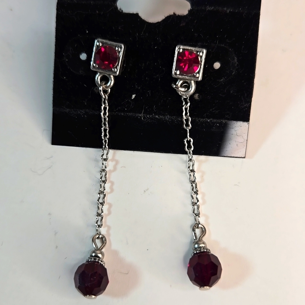 NWOT Artisan Silver and Red Crystal Dangle Drop Earrings Dainty Lightweight - Picture 7 of 7